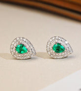 Emerald Teardrop Earrings with Double Diamond Halo in Platinum 950