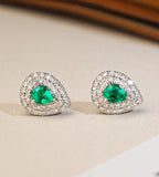 Emerald Teardrop Earrings with Double Diamond Halo in Platinum 950
