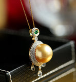 12mm Golden South Sea Pearl & Emerald Necklcae in 18K Yellow Gold