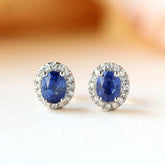 Blue Sapphire & Halo Diamonds Stud Earrings - 18K White Gold