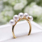 Five Akoya Baby Pearl & Diamond Ring in 18K Yellow Gold