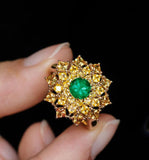 Emerald & Yellow Sapphire Cluster Ring - 18K Yellow Gold