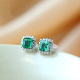 Emerald Studs Halo Diamonds Earrings in Platinum 950