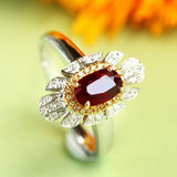Vivid Red Ruby Oval & Diamond Ring - 18K Two Tone Gold