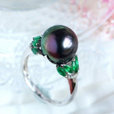 11mm Tahitian Pearl & Marquise Emerald Ring in 18K White Gold