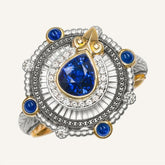 Sundial Blue Sapphire Engraved Men's Ring in 18K Gold