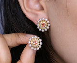 Sunset Color Sapphire 18K Studs Earrings with Halo Baby Pearls