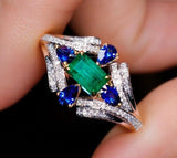Art Deco Emerald & Sapphire Ballerina Ring in 18K Gold\