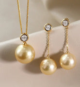 Elegant 13mm South Sea Golden Pearl Earrings & Necklace - 18K Gold