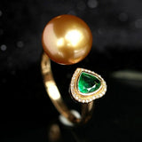 3A+ Golden South Sea Pearl & Heart Emerald Ring - 18K Yellow Gold