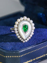 Emerald Teardrop-Shaped Ring with Baby Pearl in 18K White Gold
