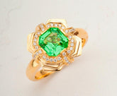 Tsavorite Asscher Cut & Diamond Ring in 18K Yellow Gold
