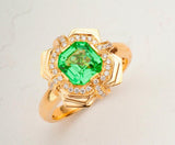 Tsavorite Asscher Cut & Diamond Ring in 18K Yellow Gold