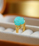 5A Amazonyte Rose Shape & Diamond 18K Yellow Gold Ring