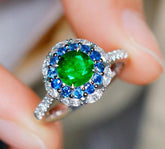 Emerald & Sapphire Halo Set Diamond Ring in 18K White Gold
