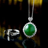 Huge Green Jade Cabochon Halo Diamonds 18K Ring & Necklace