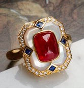 Victoria Sugarloaf Ruby 18K Gold Ring with Sapphire & Diamonds