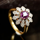 Flower Design Purple Spinel & Diamond Ring - 18K Yellow Gold