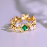 Emerald & Seawater Pearl Ring in 18K Yellow Gold