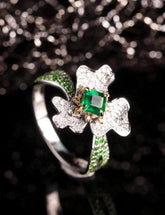 Flower Shape Emerald & Full Diamond Pave Ring in 18K White Gold