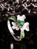 Flower Shape Emerald & Full Diamond Pave Ring in 18K White Gold