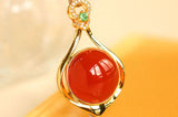 Cabochon Southern Red Agate Diamond Necklace - 18K Yellow Gold