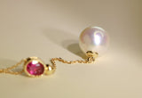Red Tourmaline & 8mm Akoya Pearl Necklace - 18K Yellow Gold