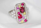 Colorful Pink Red Spinel Statement Ring & Diamond in 18K White Gold