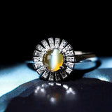 1ct Chrysoberyl Cat’s Eye Cabochon Ring with Diamond Halo in 18K Gold