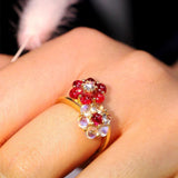 Cute Flower Design Red Spinel & Moonstone Cabochon Ring in 18K Gold