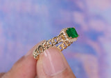 Zambia Emerald Halo Diamond 18K Gold Cuba Chain Ring