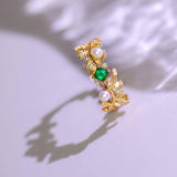 Emerald & Seawater Pearl Ring in 18K Yellow Gold
