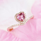 Pink Tourmaline Heart Chevron Stackable Ring - 18K Yellow Gold