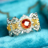 Italian Crafted 18K Two Tone Gold Ring - Sapphire Garnet Diamond