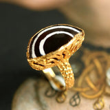 Carnelian Bicolor Half Moon Ring - 22K Gold Antique Retro Design