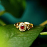 Vintage Design Red Spinel Oval & Diamond Ring - 18K Yellow Gold