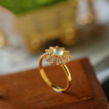 Superior Icy Jade Cabochon & Cluster Diamond 18K Gold Ring