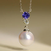 Blue Tanzanite & 8mm Akoya Pearl Necklace in 18K White Gold