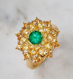 Emerald & Yellow Sapphire Cluster Ring - 18K Yellow Gold