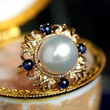 3A+ South Sea Pearl 11mm & Sapphire Vintage Ring in 18K Gold