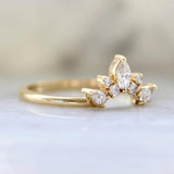 Curved Marquise Cut Diamond Ring - 14K Gold Chevron Band