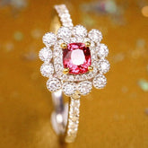 Double Halo Pinkish Spinel 18K Wedding Ring with Diamond