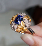 Cluster Royal Blue Sapphire 18K Two Tone Gold Statement Ring