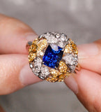 Cluster Royal Blue Sapphire 18K Two Tone Gold Statement Ring