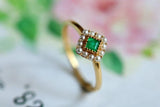 Emerald Square Cut & Halo Set Baby Pearl Ring in 18K Yellow Gold