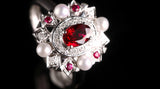 Ruby Oval & Akoya Pearl Statement Ring in 18K White Gold