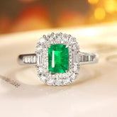 Emerald & Diamond Halo Pave Ring in 18K White Gold