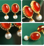Southern Red Agate & Pearl Earrings - 18K Yellow Gold