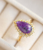 AAA+ Purple Sugilite Pear-Shape & Halo Diamond Ring in 18K Yellow Gold