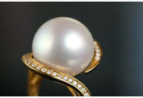 Huge 13mm South Sea Pearl 18K Gold Ring with Diamond
